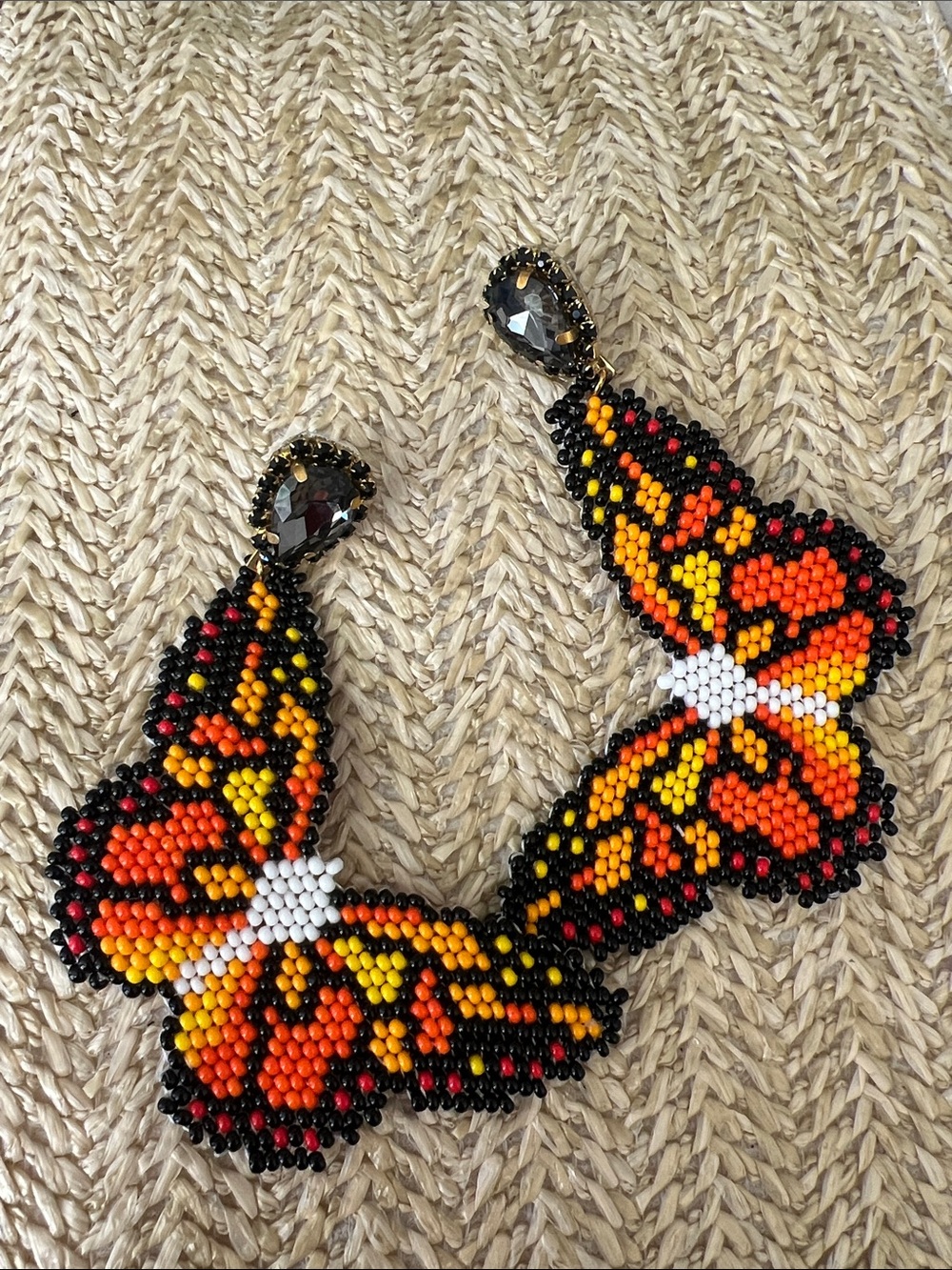 Beaded Butterfly Statement Earrings in Orange, Yellow & Black made in Mexico
